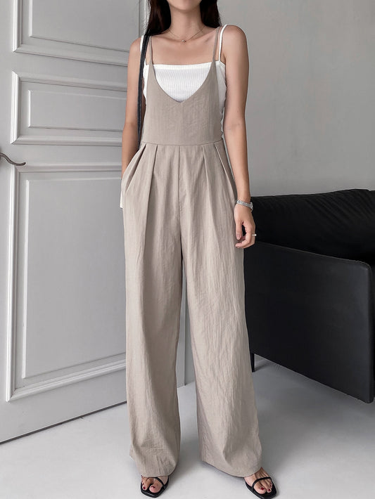 1pc Tie Back Plicated Detail Overall Jumpsuit