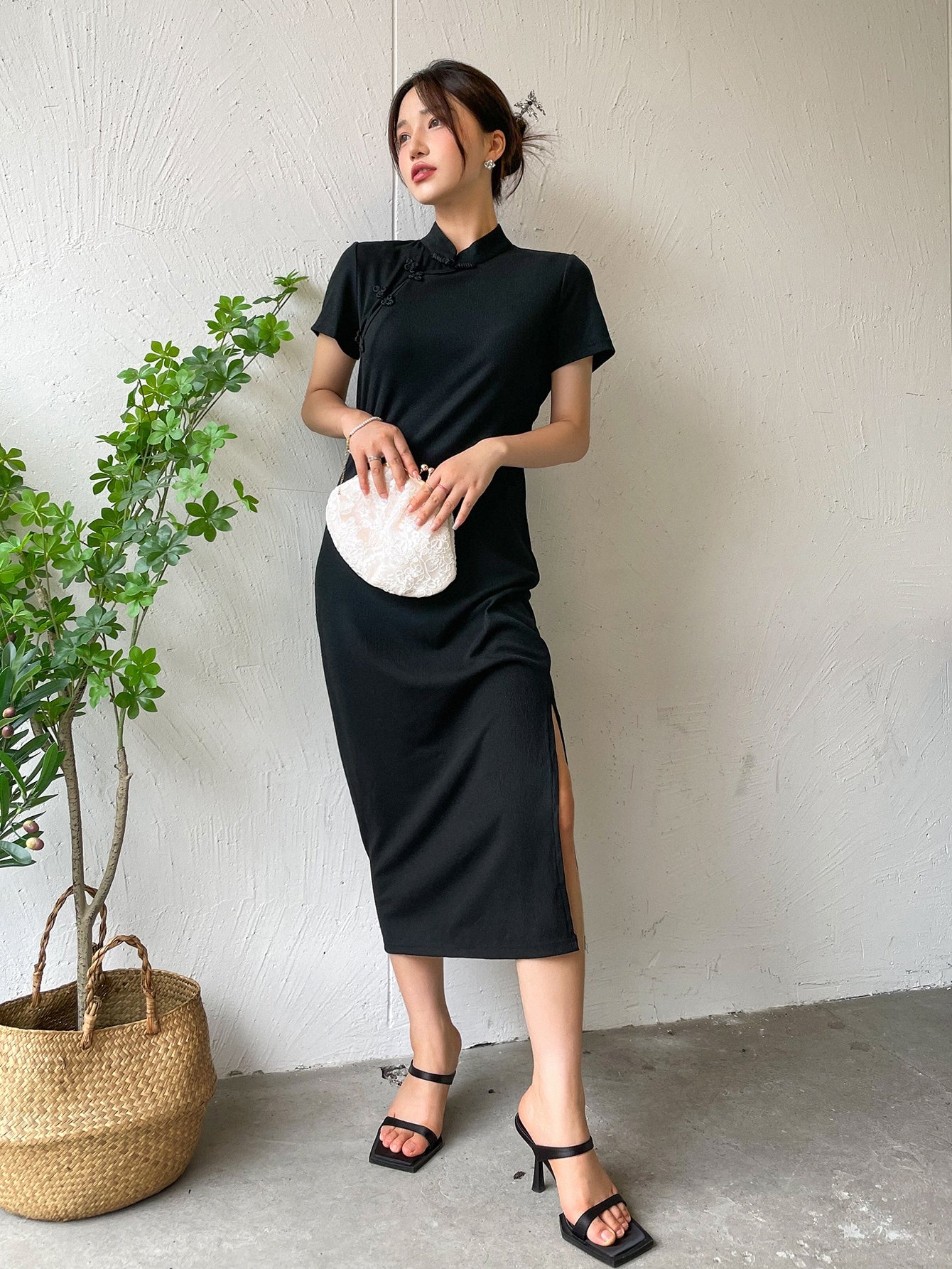 Rib-knit Mandarin Collar Split Thigh Dress