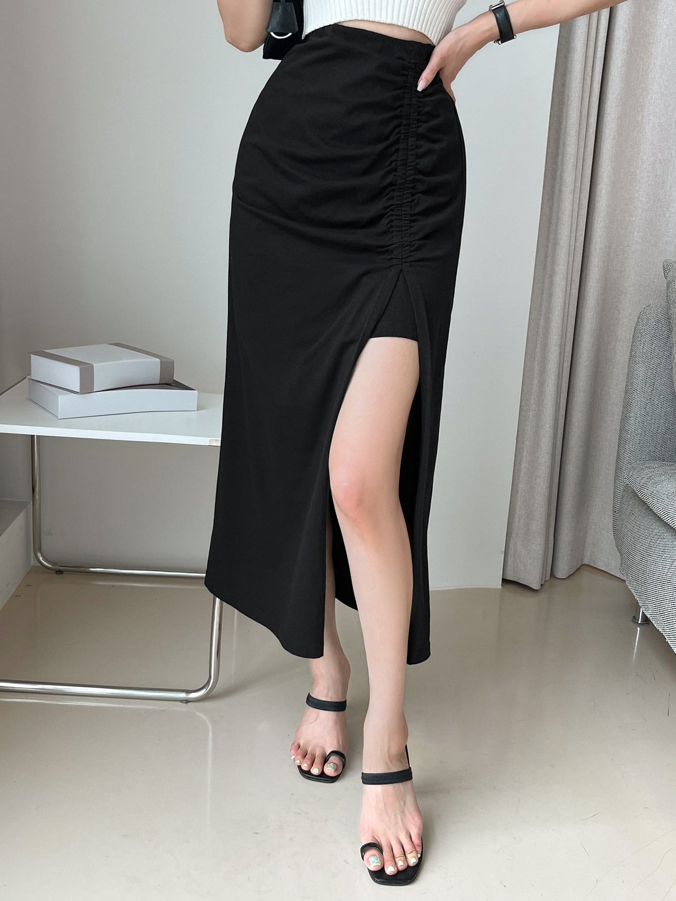 High Waist Ruched Split Thigh Skirt