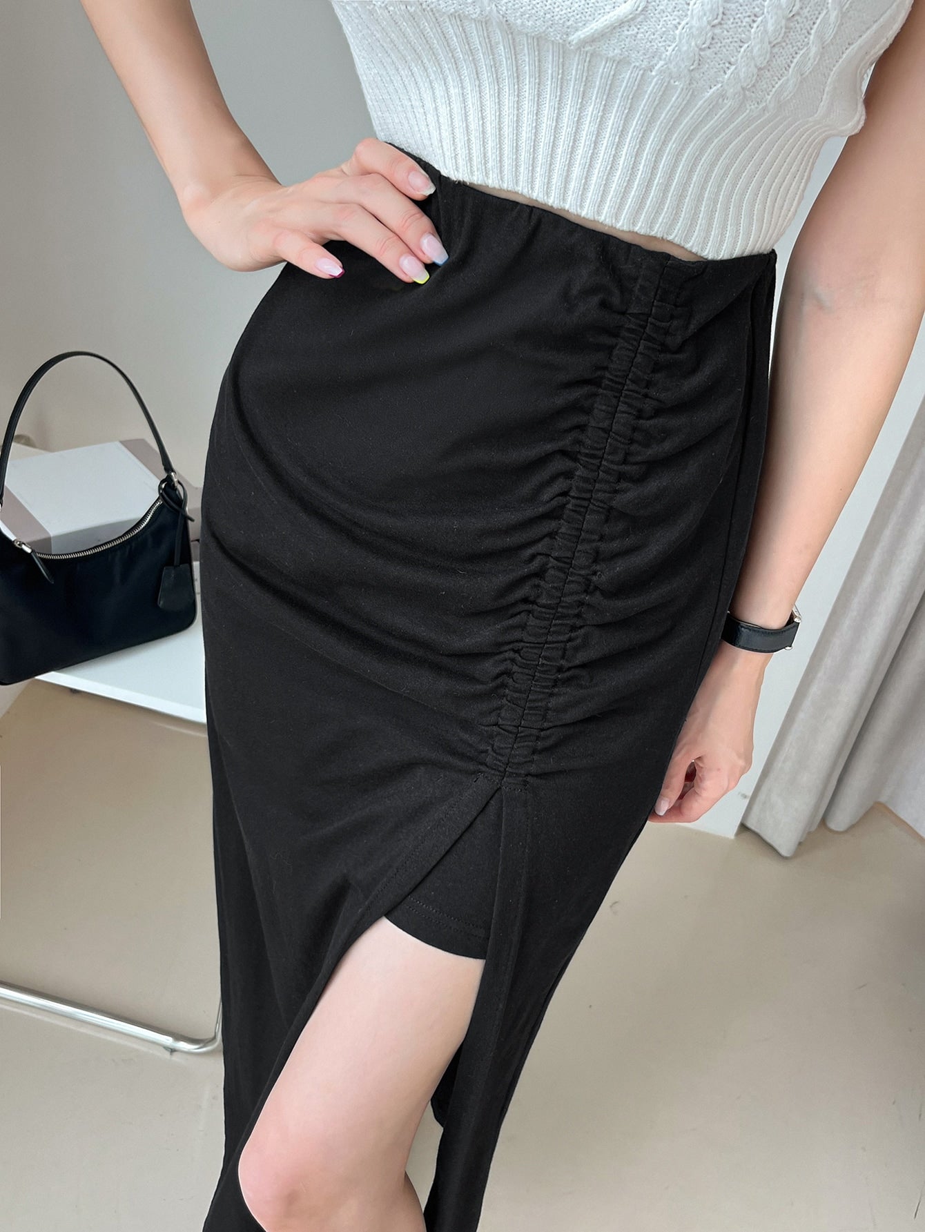 High Waist Ruched Split Thigh Skirt