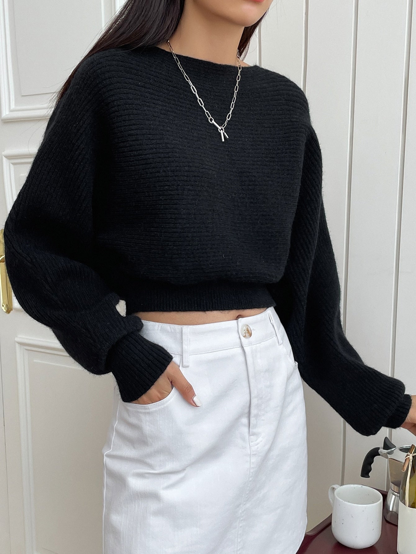Dolman Sleeve Ribbed Knit Sweater