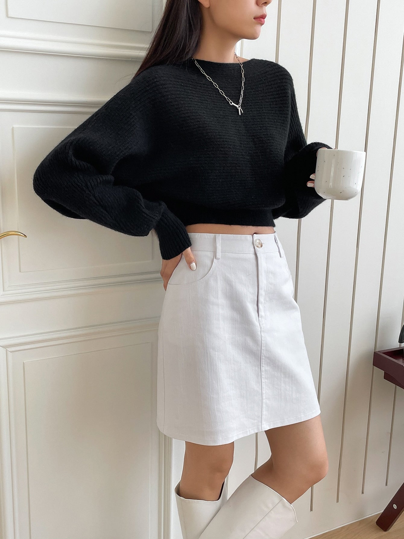 Dolman Sleeve Ribbed Knit Sweater