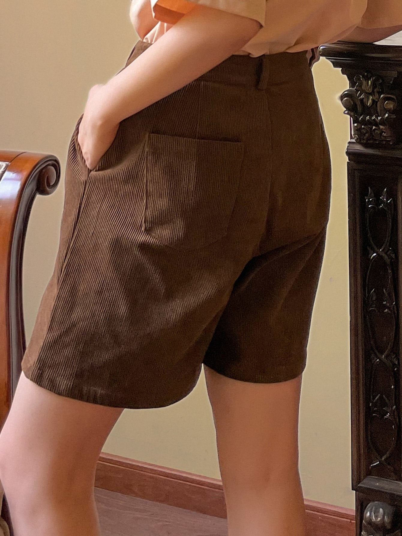 High Waist Plicated Detail Corduroy Shorts