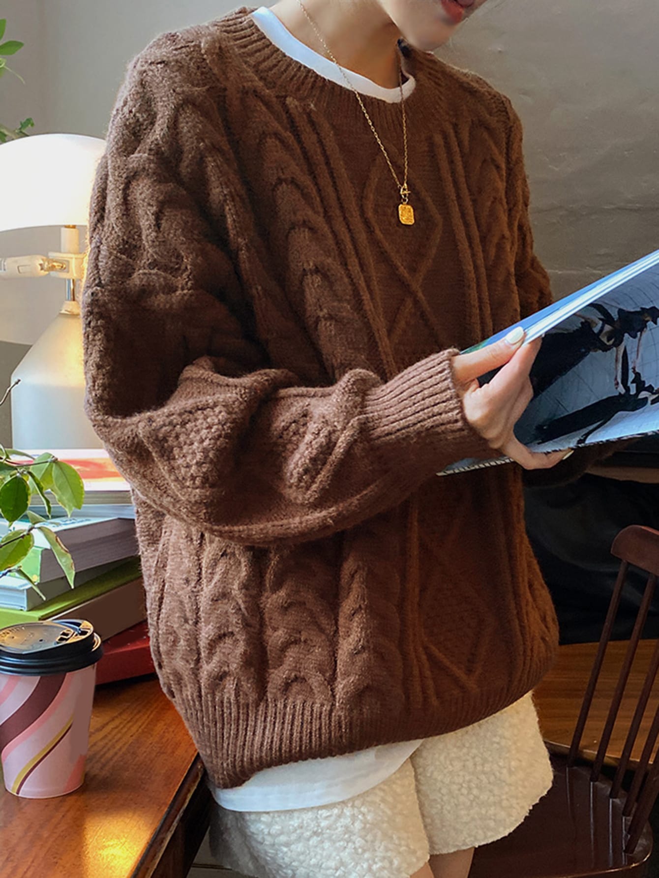 1pc Cable Knit Drop Shoulder Sweater