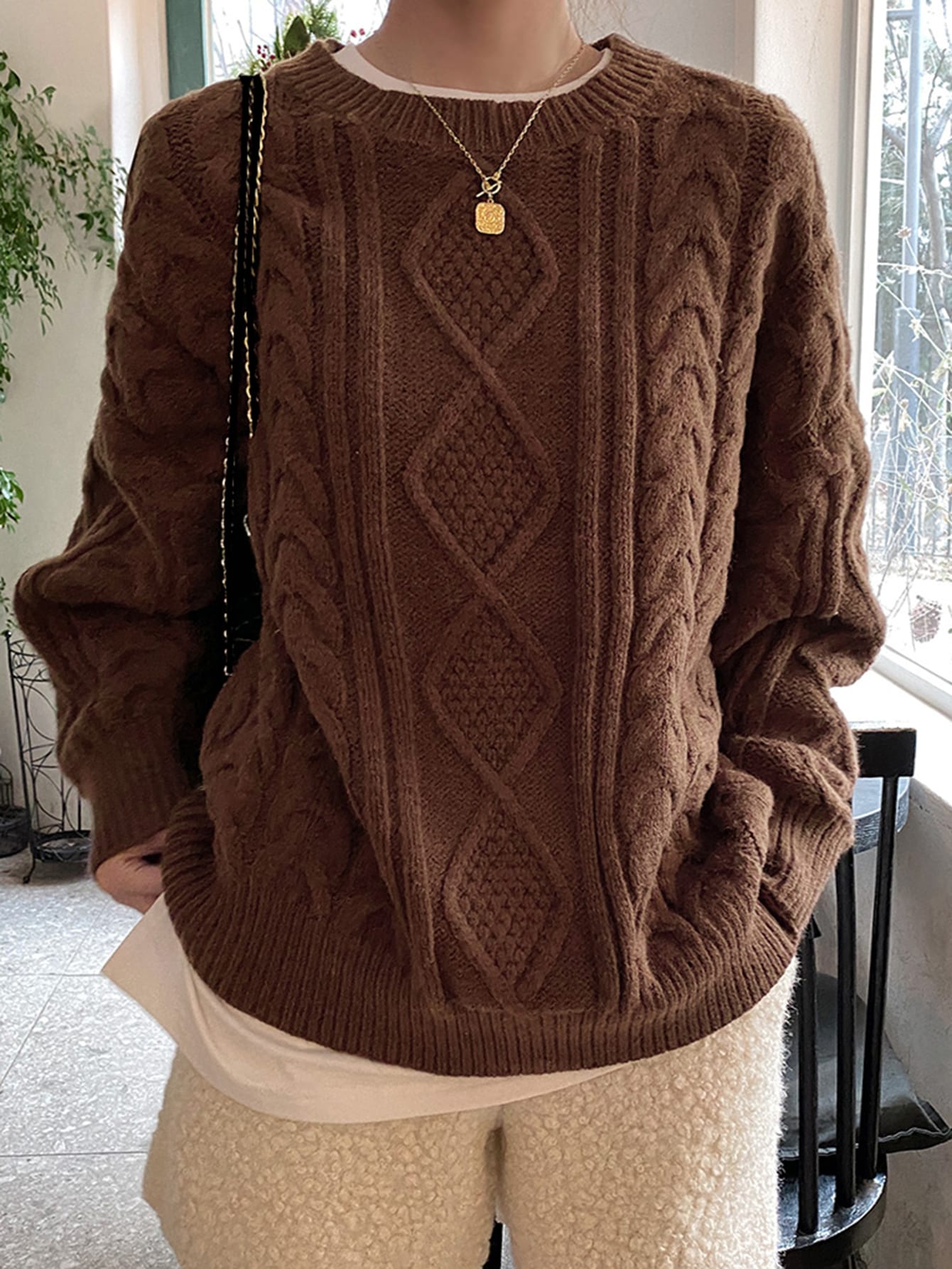 1pc Cable Knit Drop Shoulder Sweater