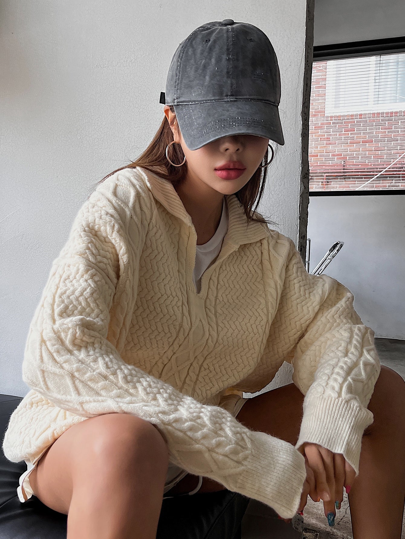 Drop Shoulder Cable Knit Sweater Without Tee