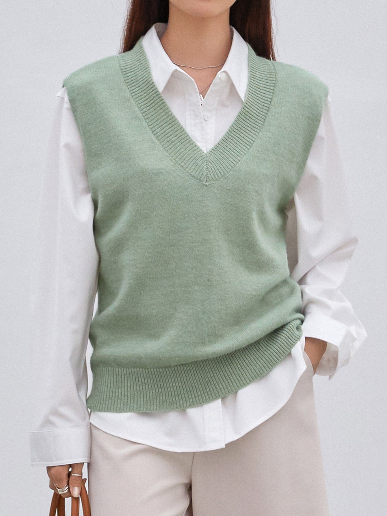Solid Ribbed Knit Sweater Vest Without Blouse