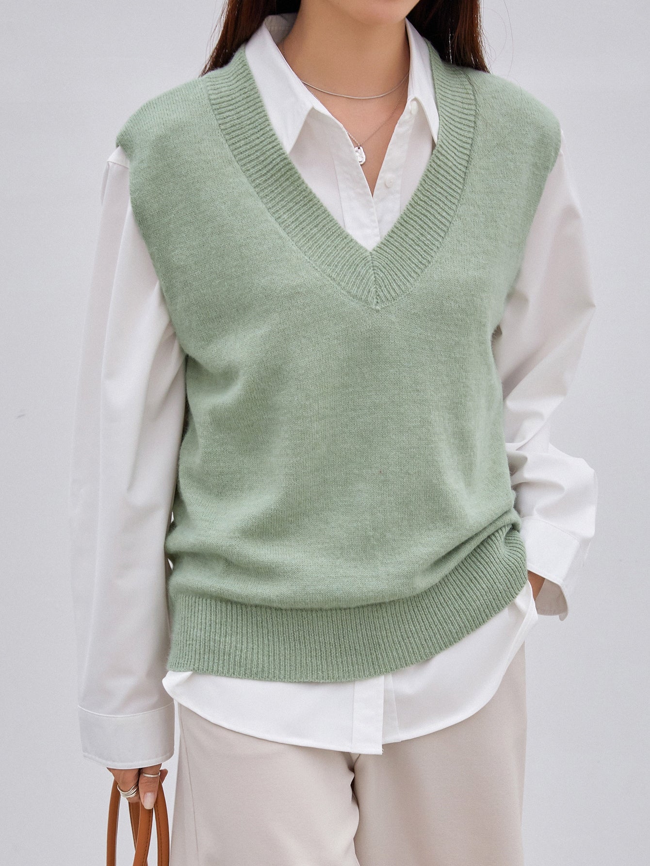 Solid Ribbed Knit Sweater Vest Without Blouse