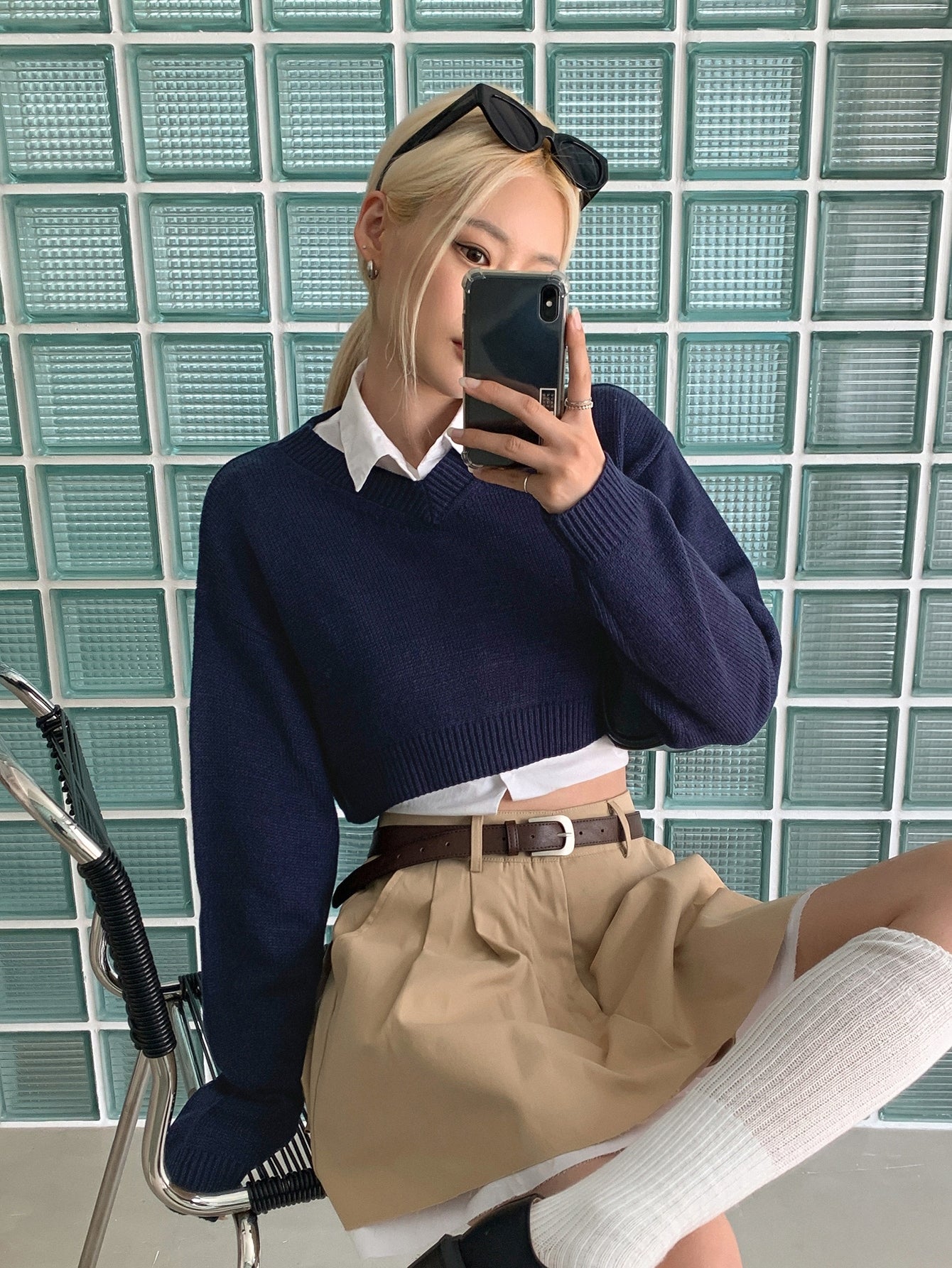Drop Shoulder Ribbed Knit Crop Sweater Without Blouse
