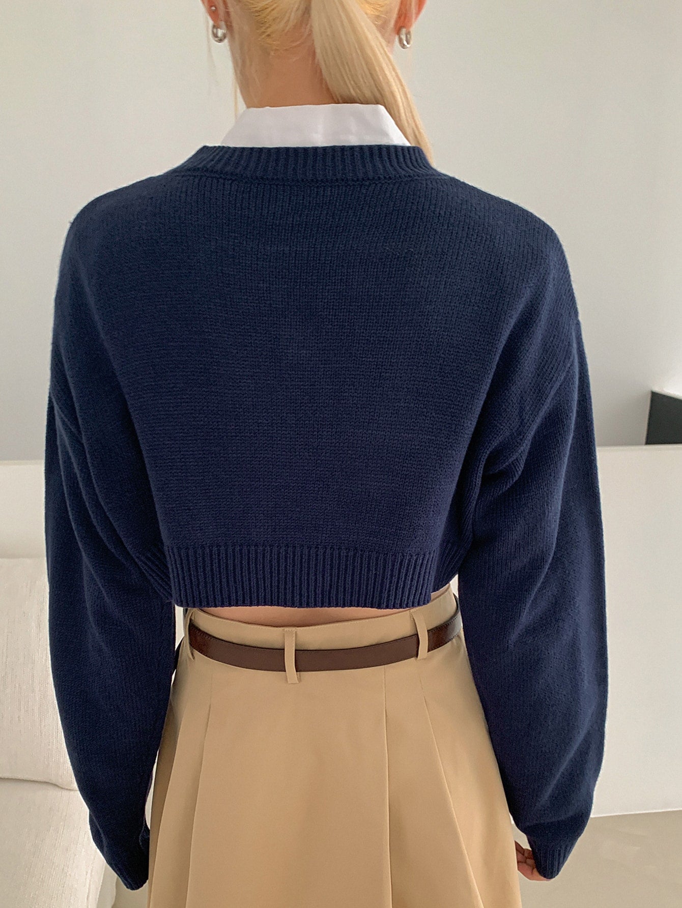 Drop Shoulder Ribbed Knit Crop Sweater Without Blouse