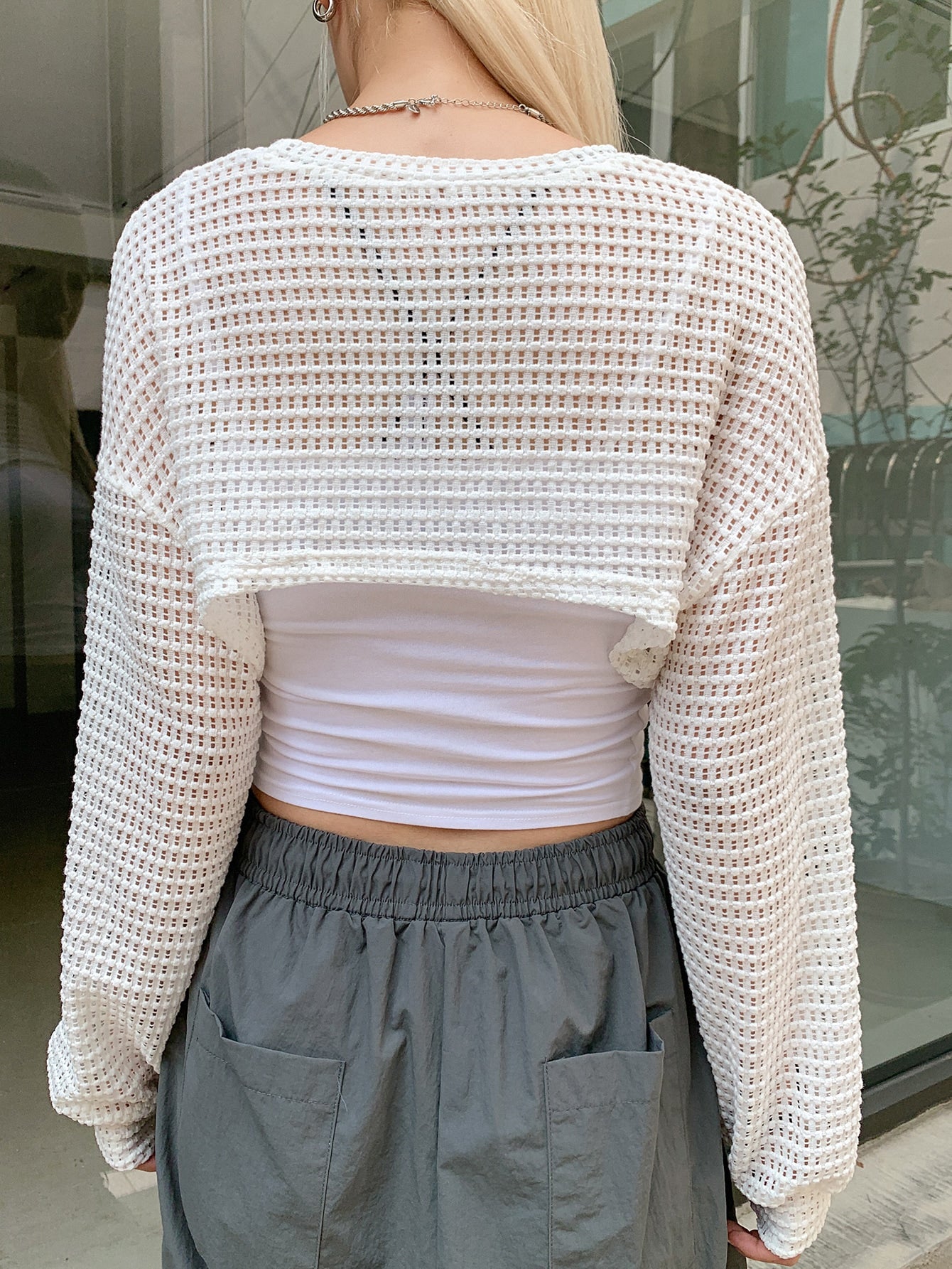 Pointelle Knit Bishop Sleeve Super Crop Top Without Cami Top