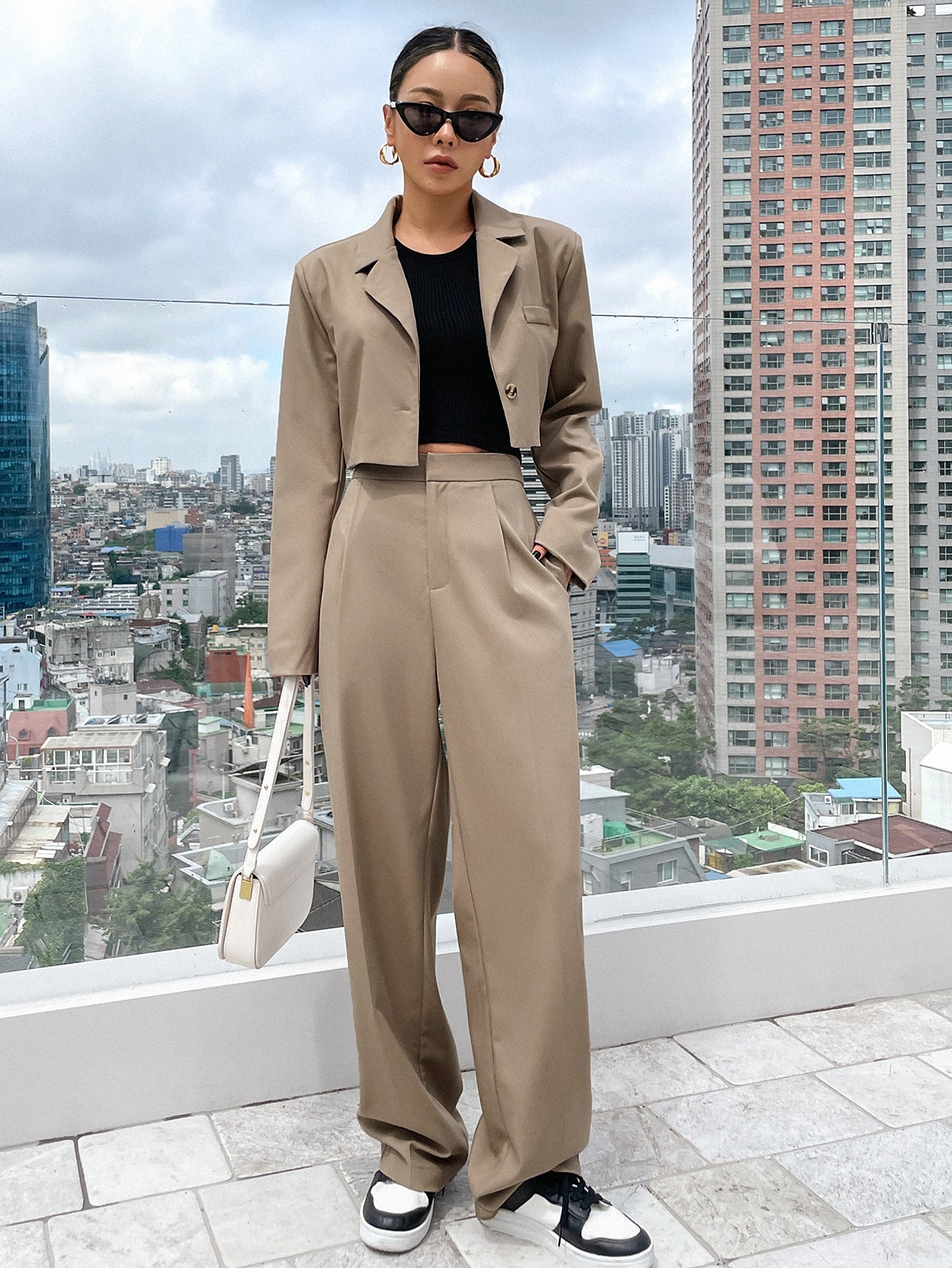Solid Single Button Crop Blazer & Tailored Pants