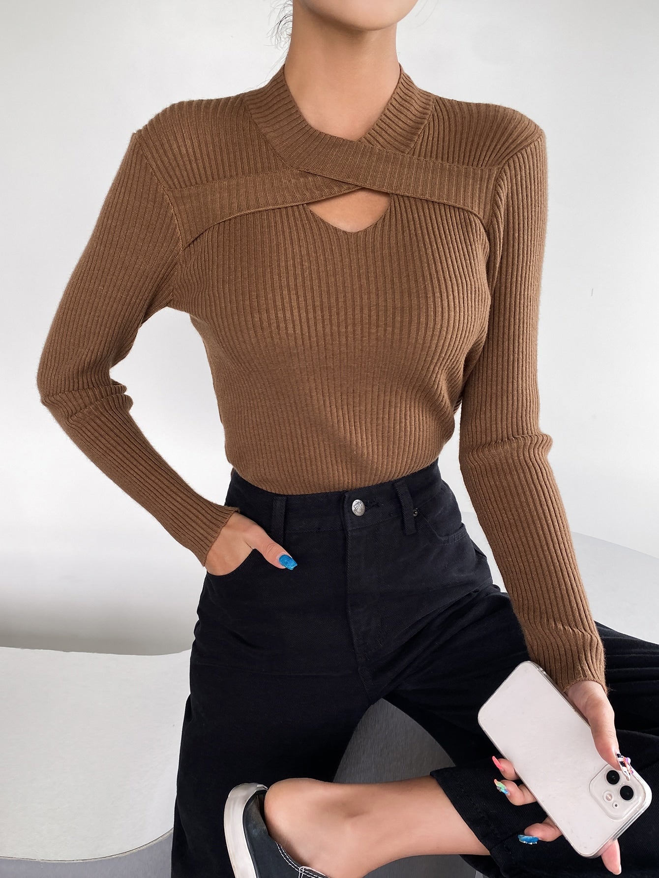 Rib-knit Wrap Cross Cut Out Sweater