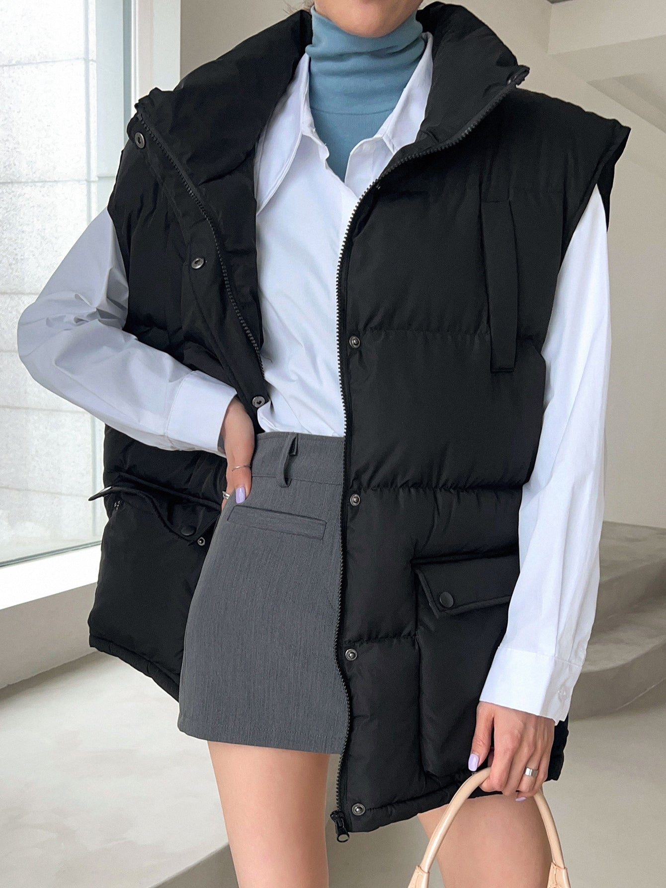 Flap Pocket Zipper Vest Puffer Coat