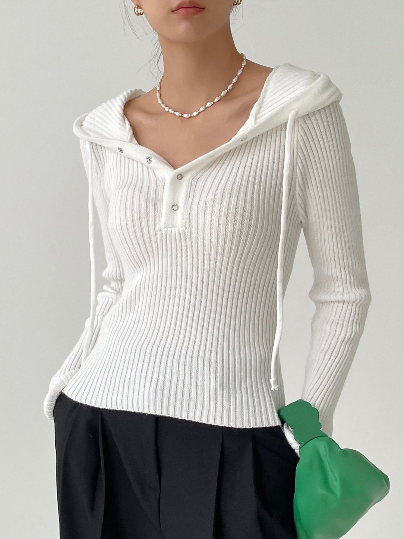Drawstring Hooded Ribbed Knit Sweater