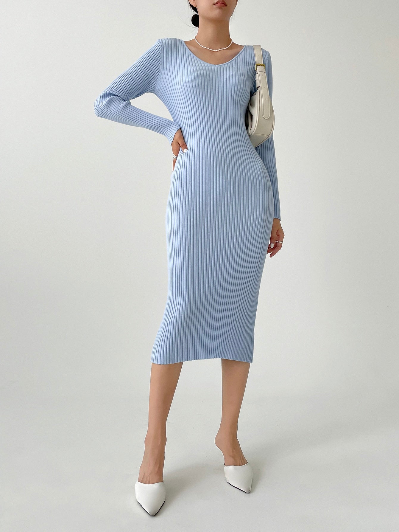 V Neck Ribbed Knit Sweater Dress