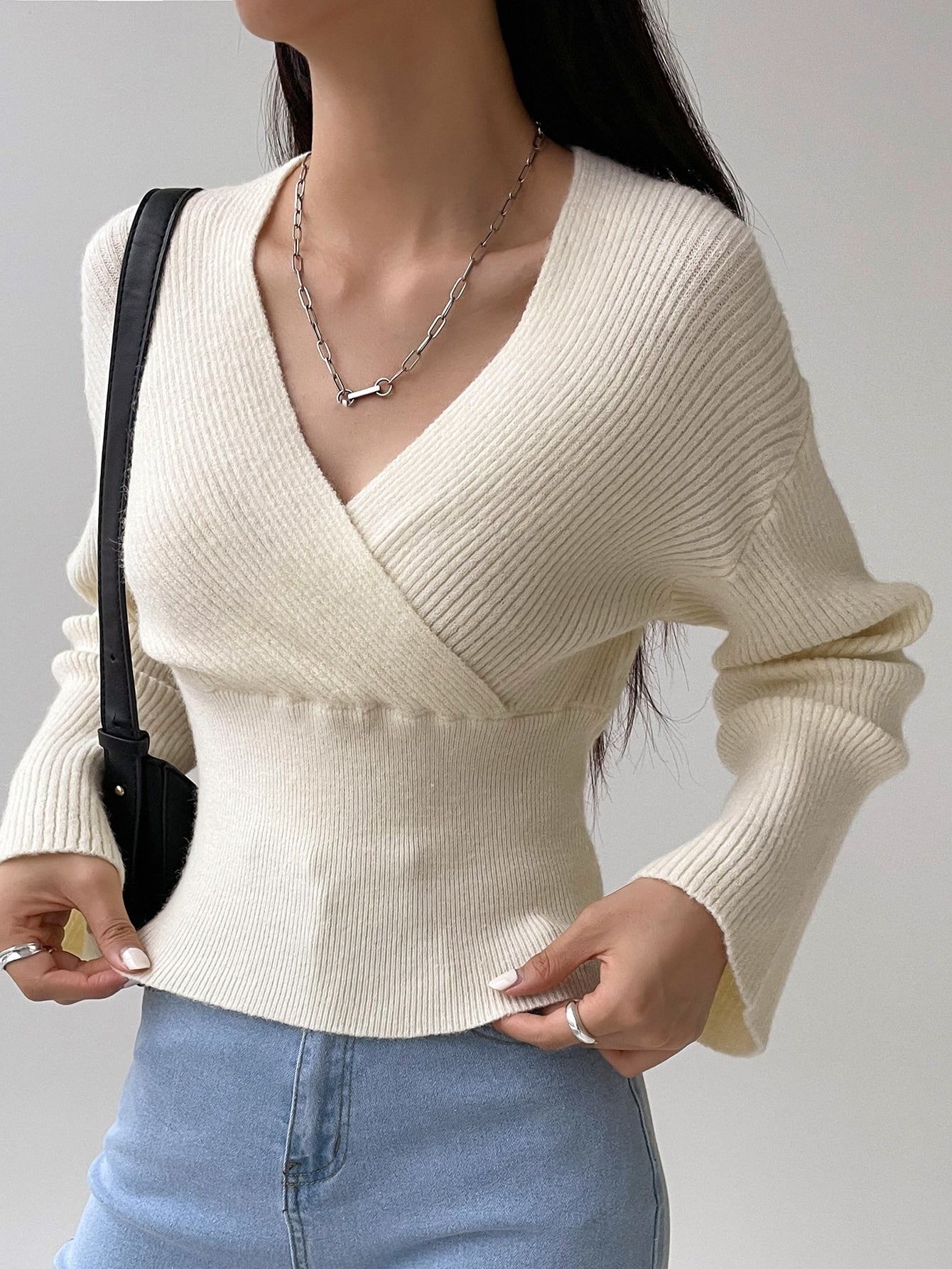 Ribbed Knit Surplice Neck Drop Shoulder Sweater