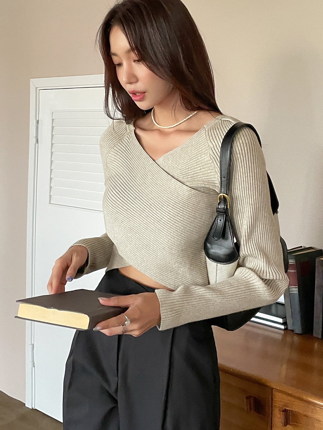 Rib-knit Wrap Cross Raglan Sleeve Crop Sweater
