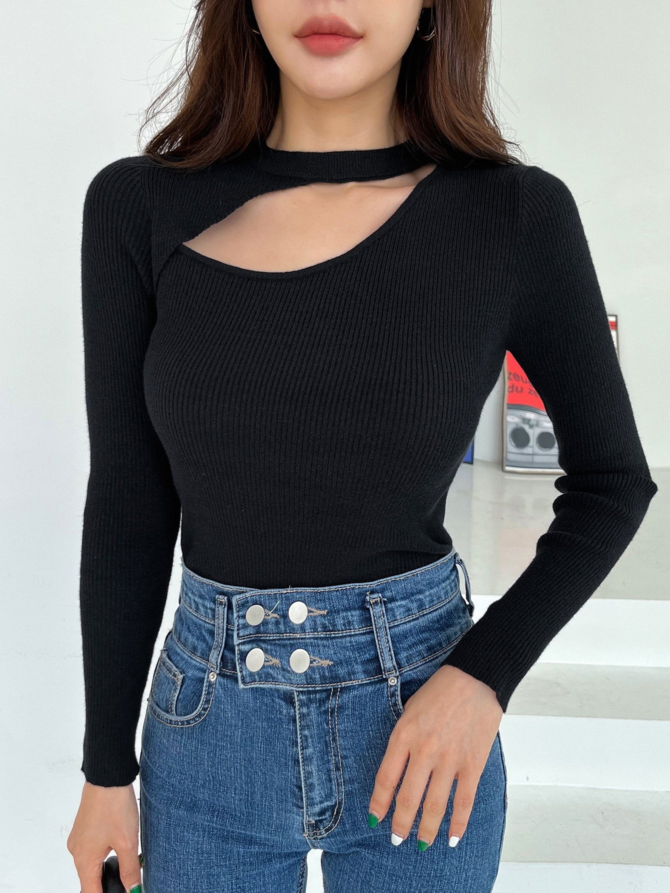 Ribbed Knit Cut Out Sweater