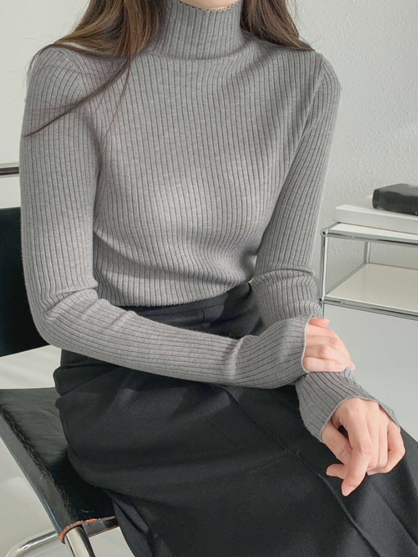 High Neck Ribbed Knit Sweater