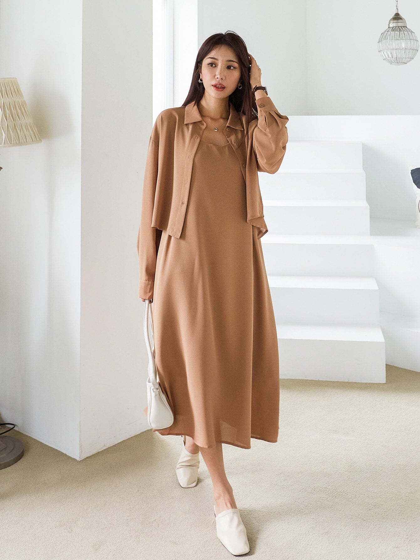 Solid Button Front Shirt & Cami Dress