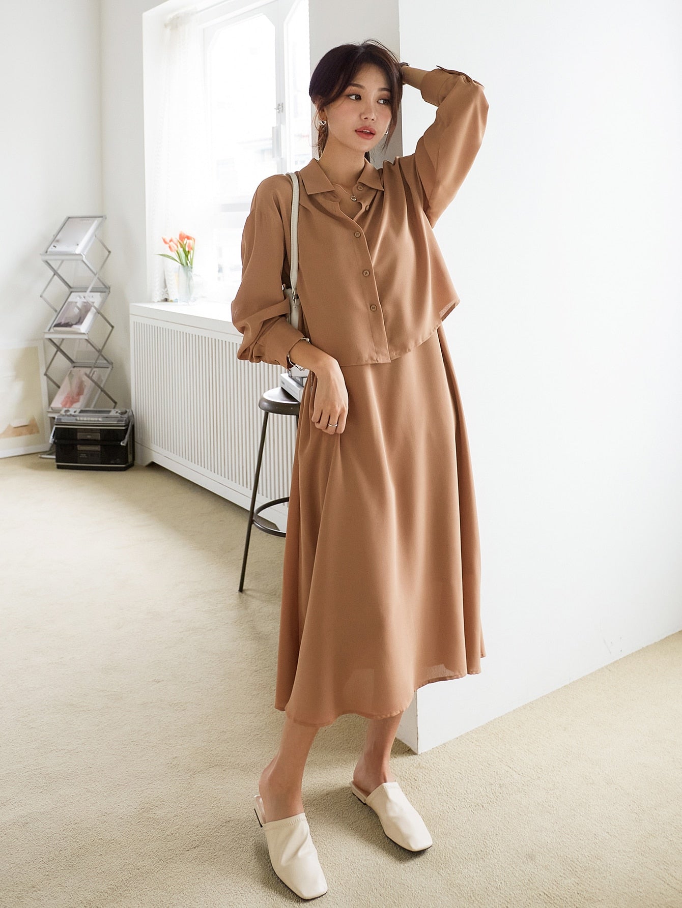 Solid Button Front Shirt & Cami Dress