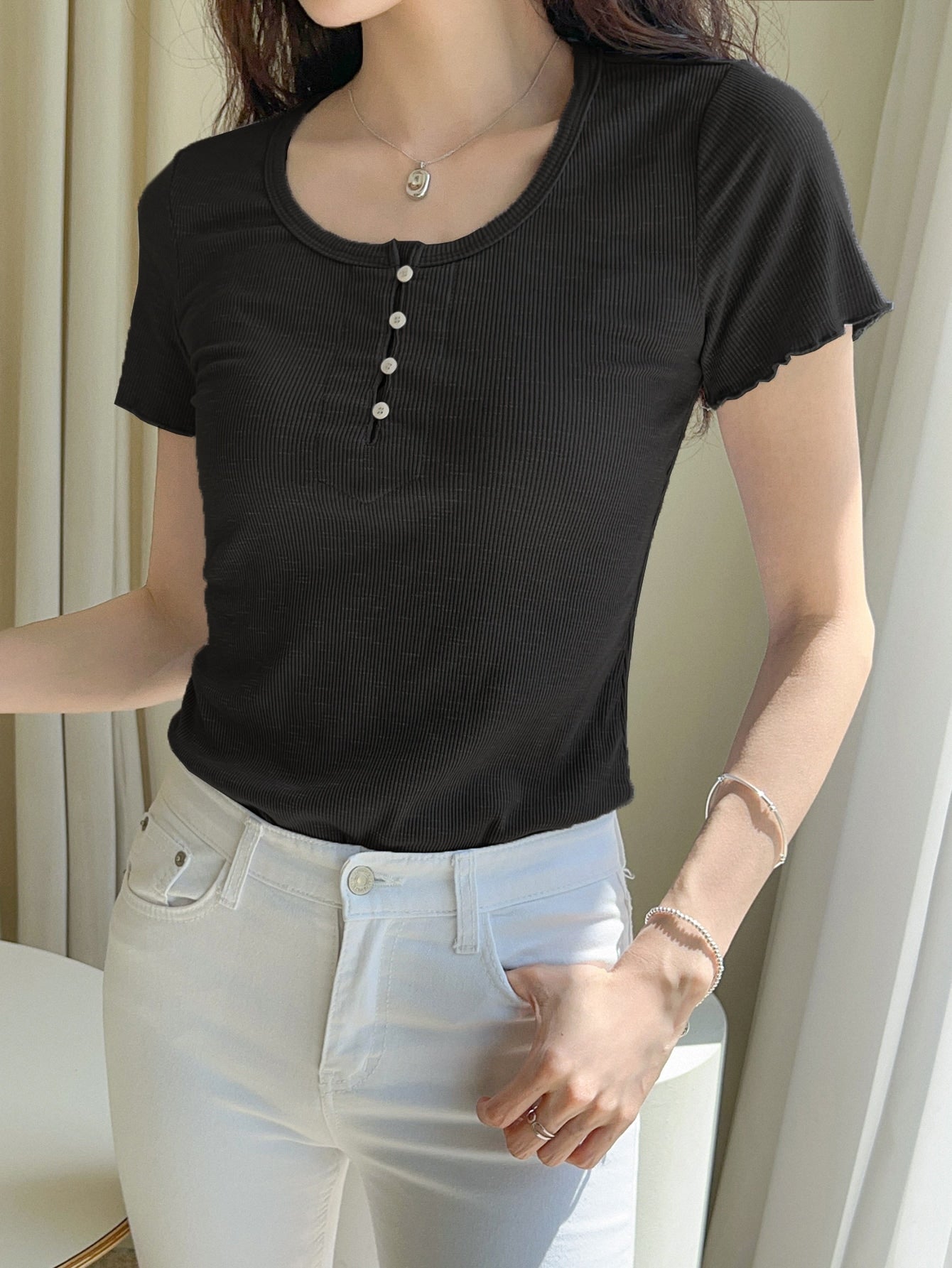 Rib-knit Lettuce Trim Button Front Tee