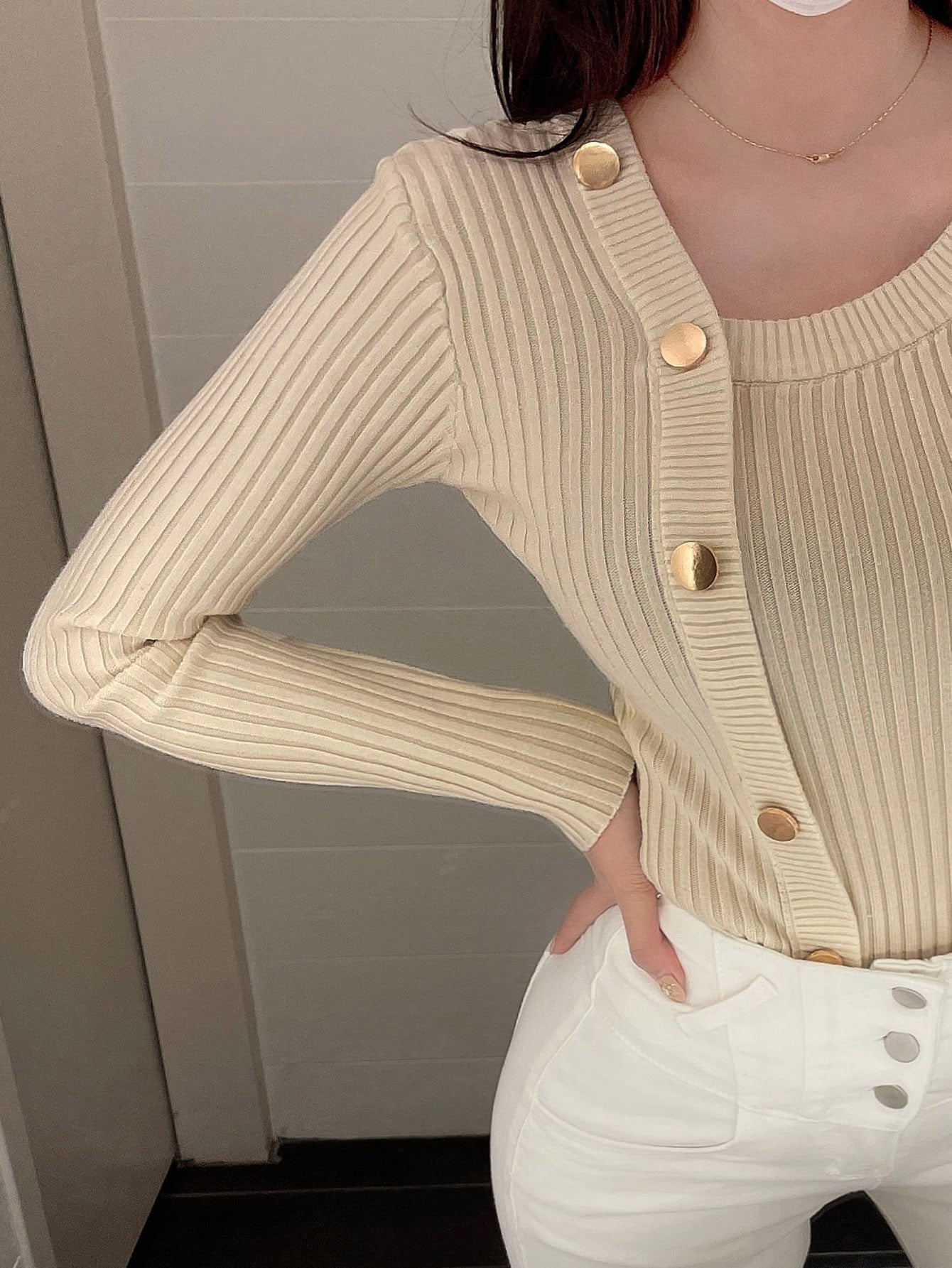 Asymmetrical Neck Button Detail Sweater