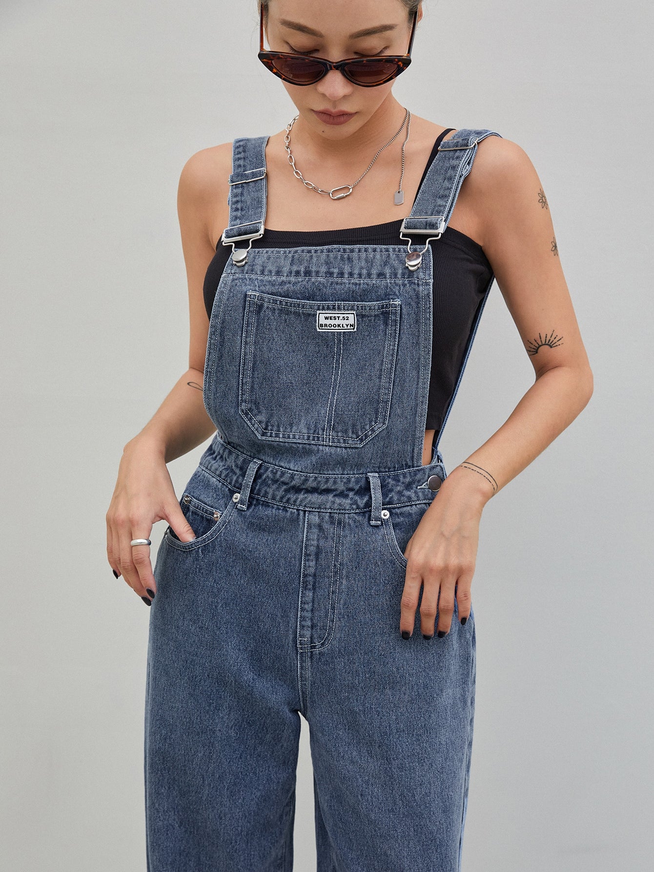 Patch Detail Denim Overalls Without Cami Top