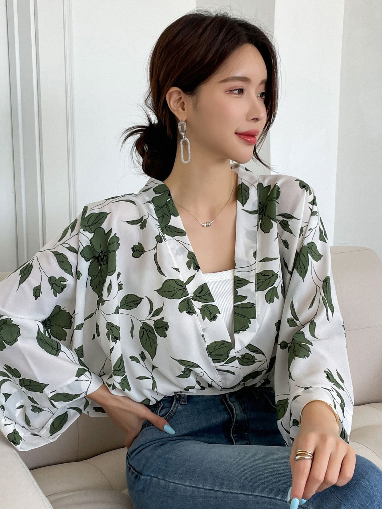 Floral Print Dolman Sleeve Blouse Without Camisole