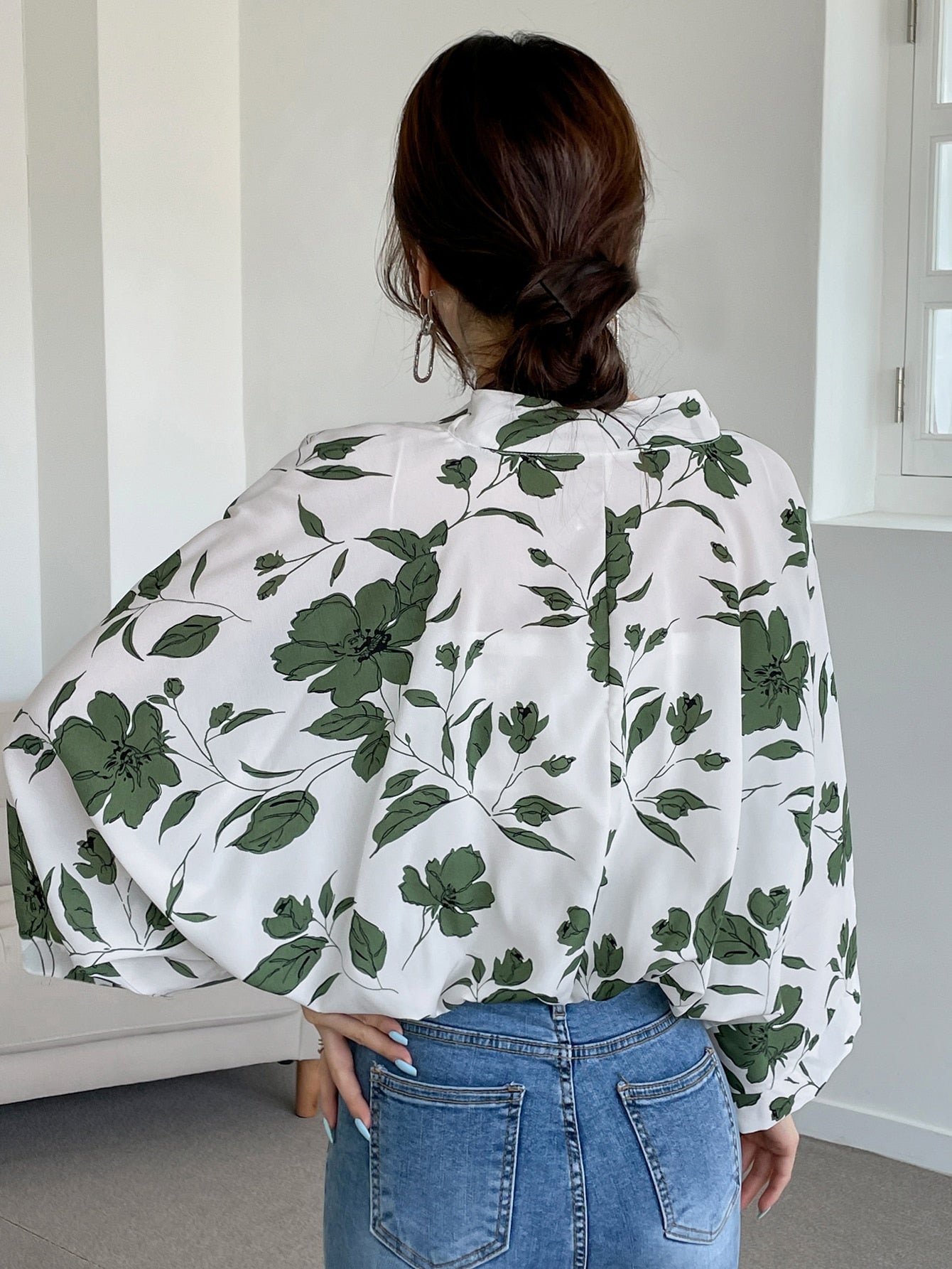 Floral Print Dolman Sleeve Blouse Without Camisole