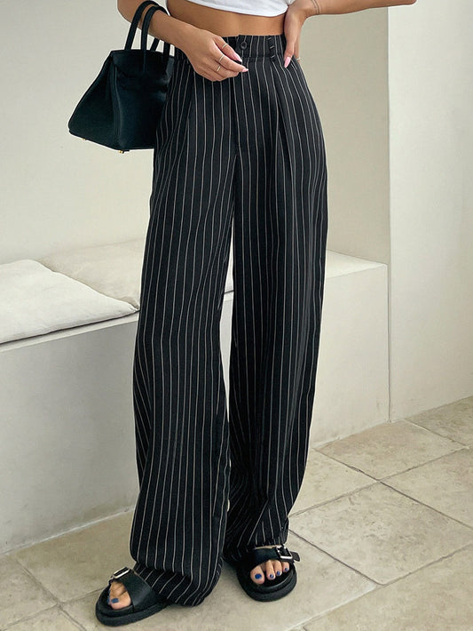Striped Fold Pleated Tailored Pants