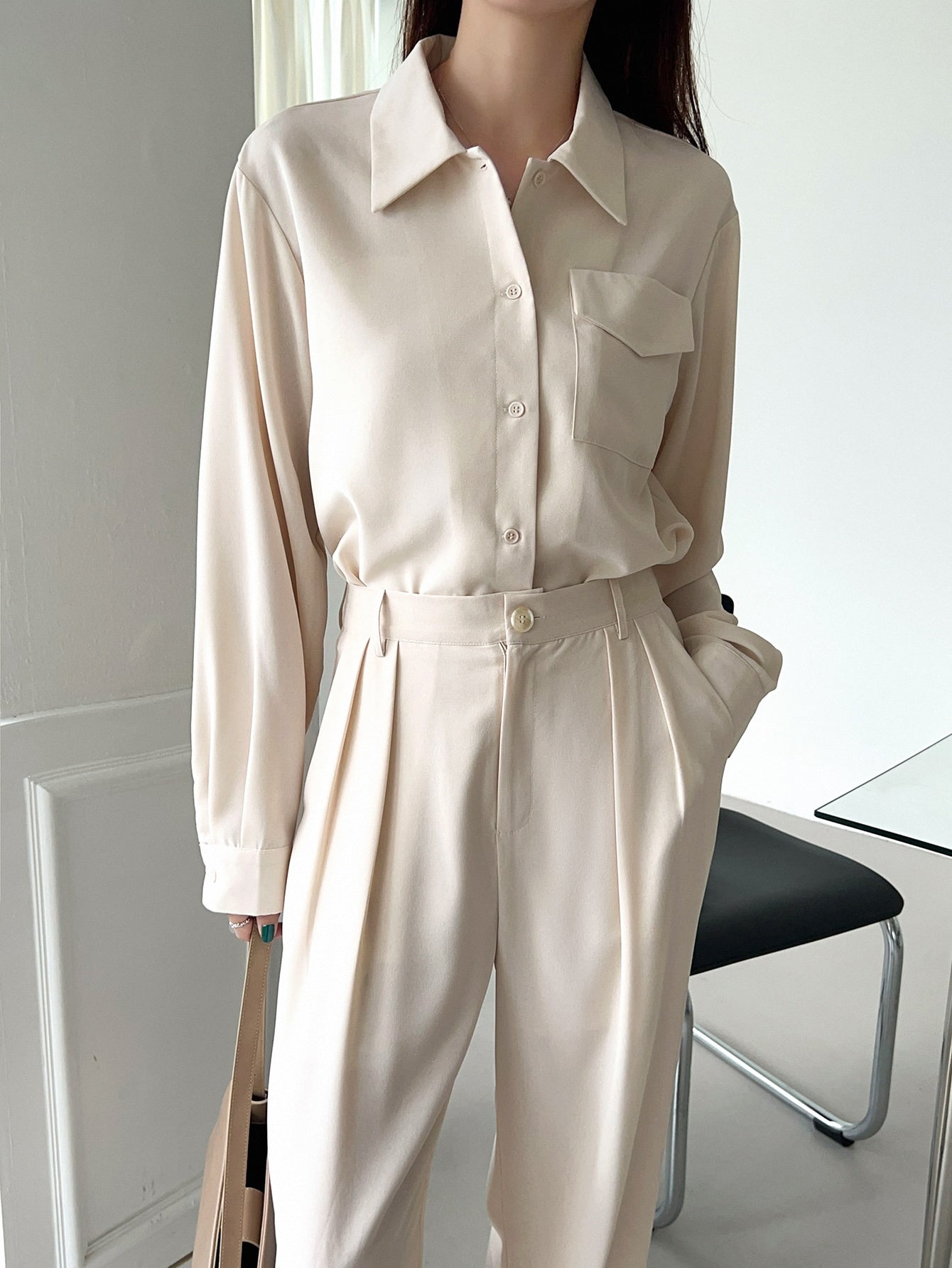 Button Front Shirt & Fold Pleated Pants