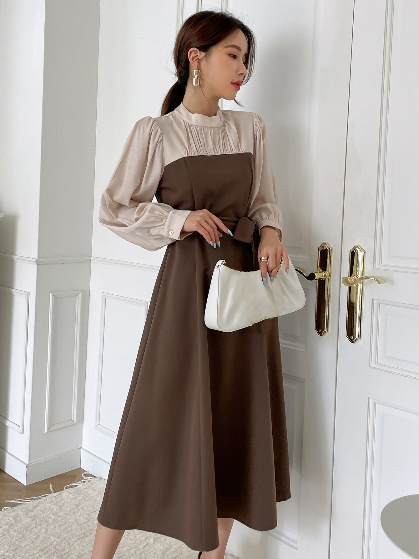 Two Tone Puff Sleeve Belted Dress