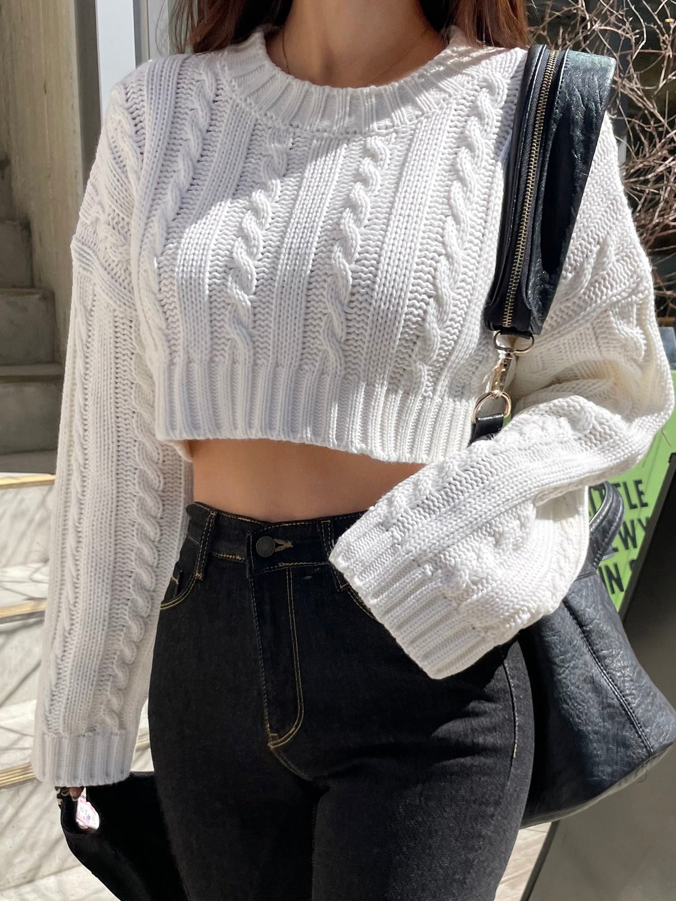 Cable Knit Drop Shoulder Crop Sweater