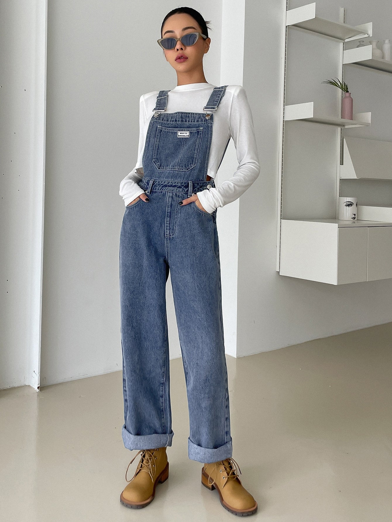Patch Detail Denim Overalls Without Cami Top