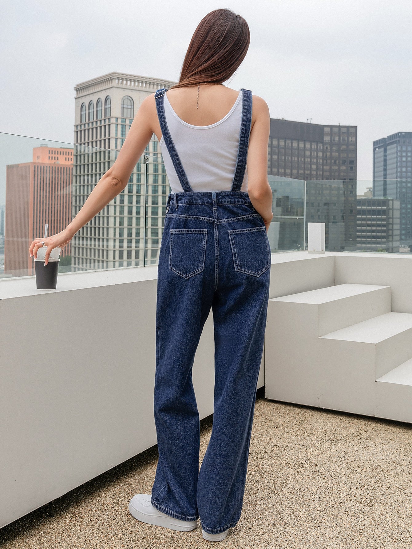 Patch Detail Denim Overalls Without Blouse