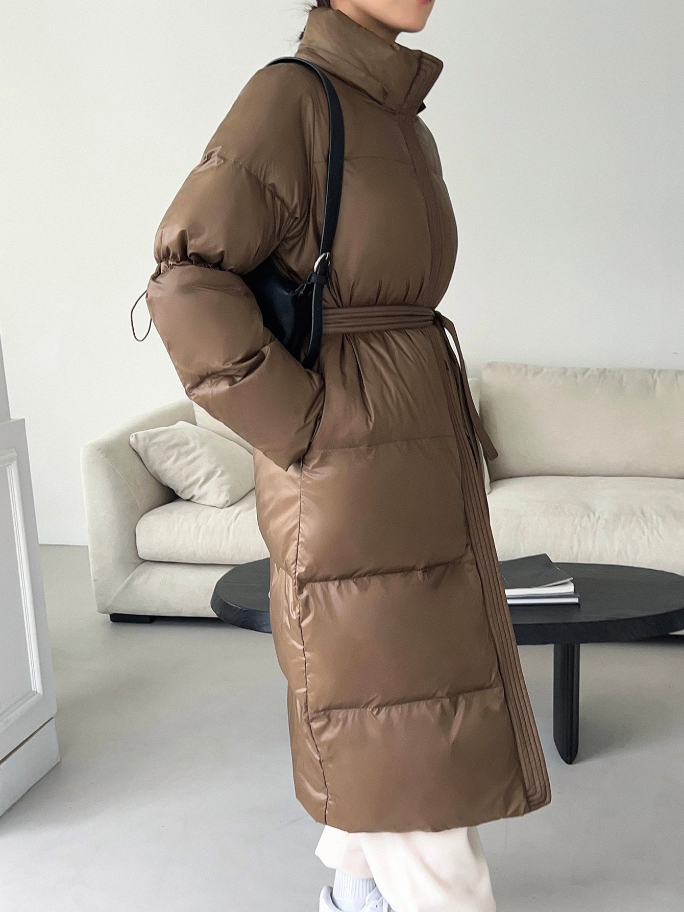 Drop Shoulder Drawstring Hooded Zipper Belted Puffer Coat