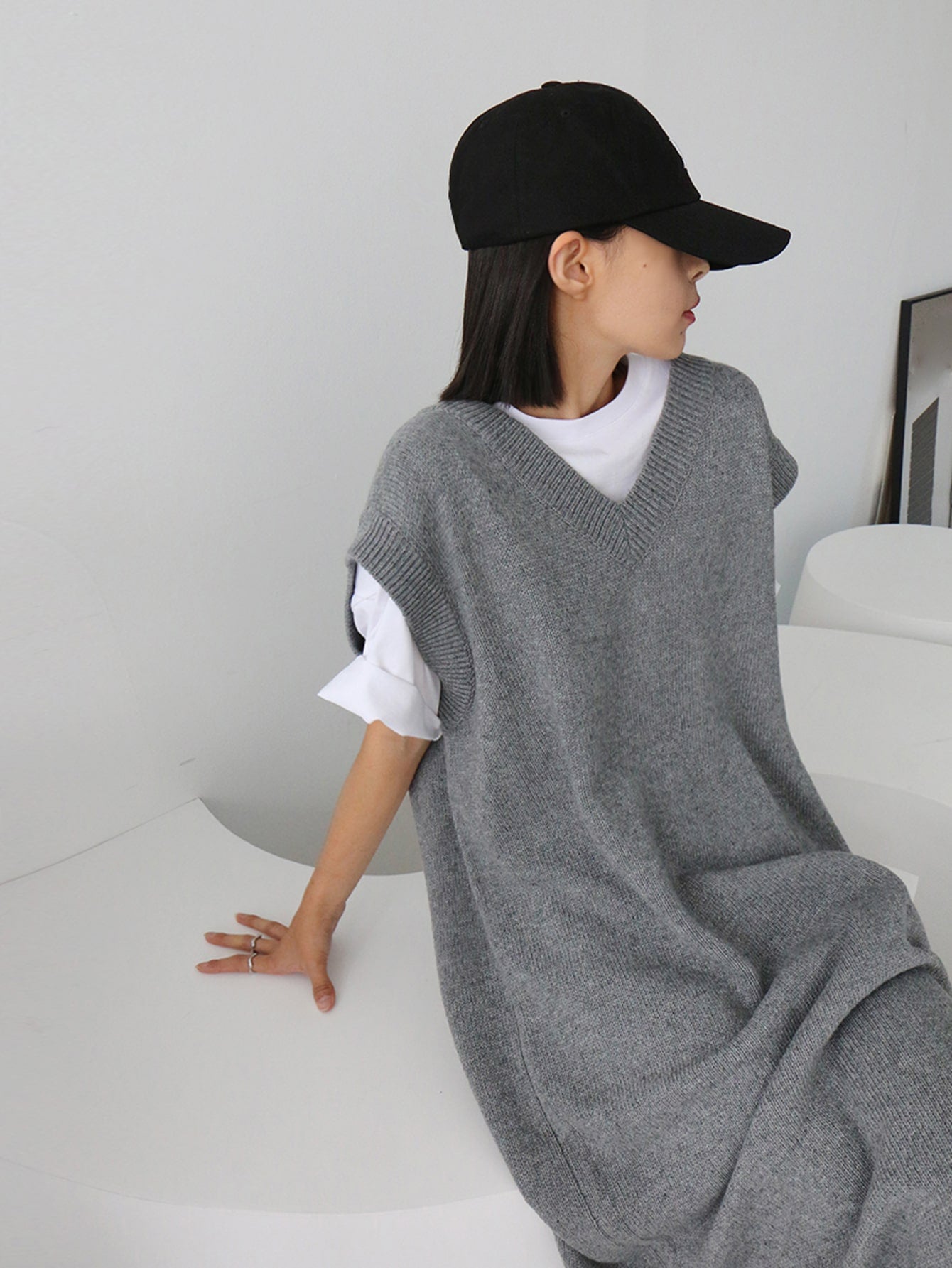Solid Slit Hem Sweater Dress Without Tee