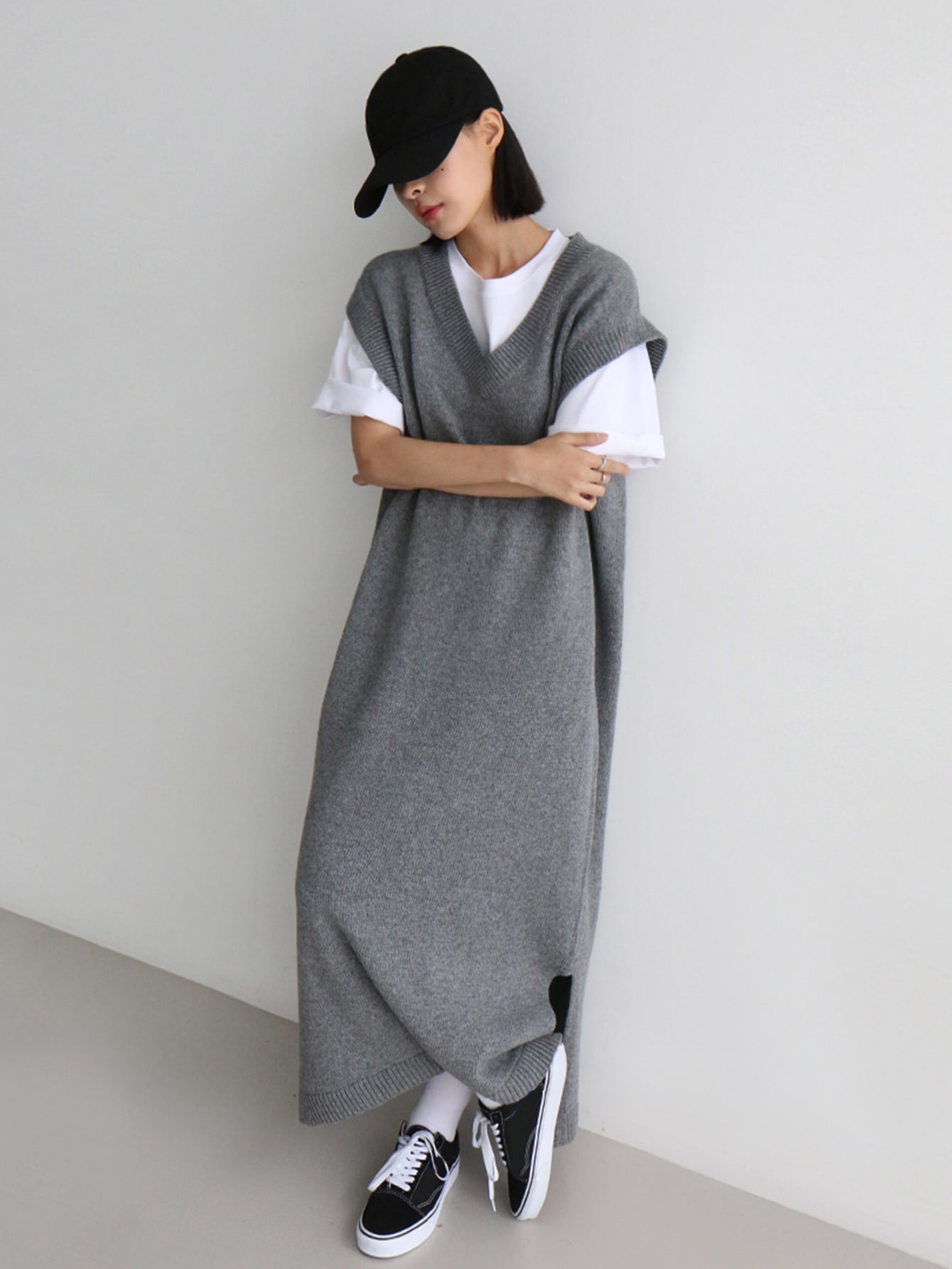 Solid Slit Hem Sweater Dress Without Tee