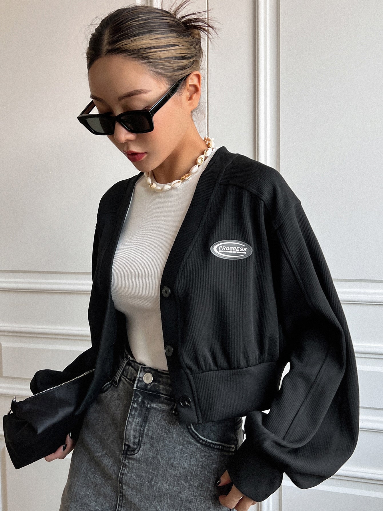 Letter Patched Bishop Sleeve Button Front Crop Jacket