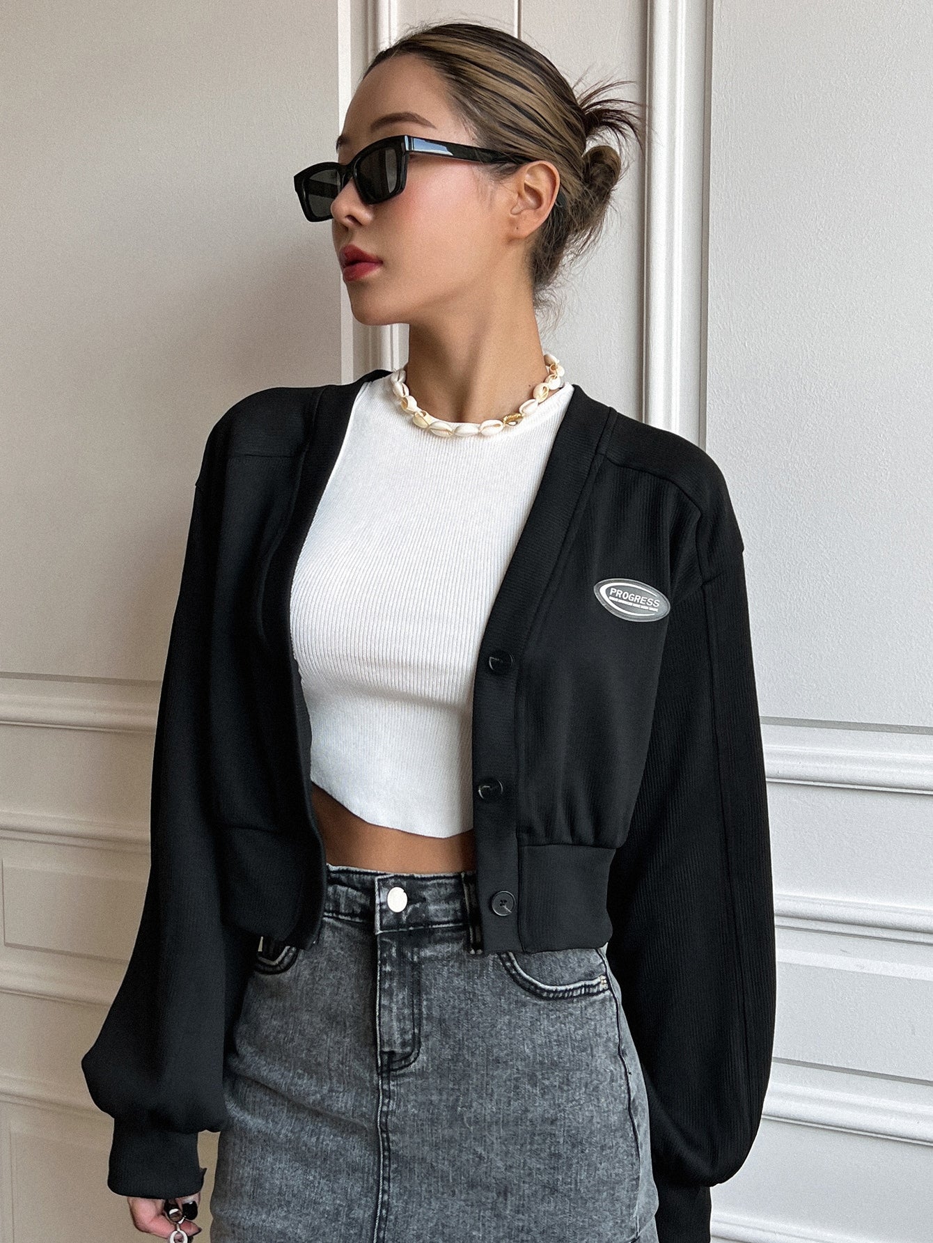 Letter Patched Bishop Sleeve Button Front Crop Jacket