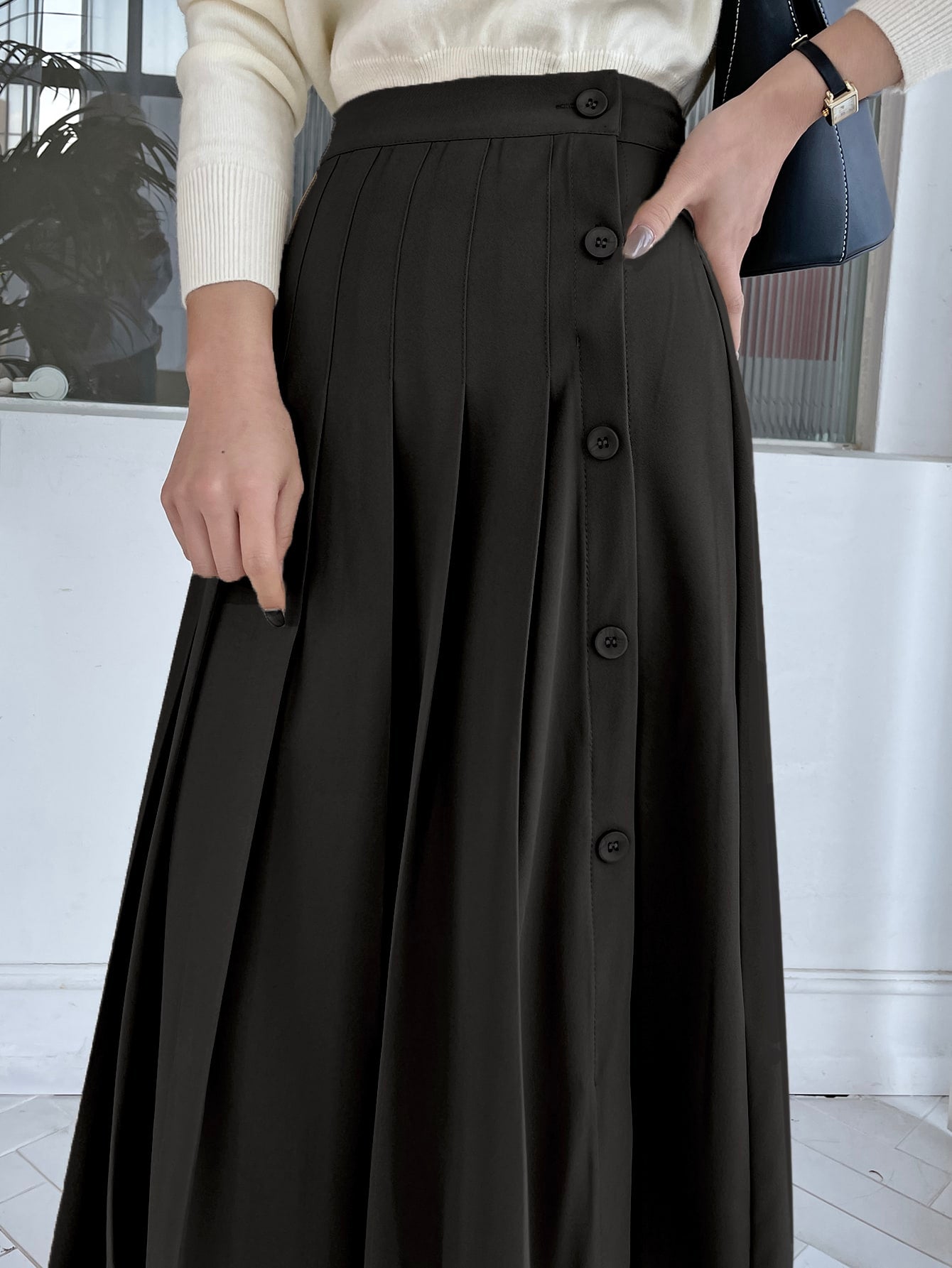 Button Front Pleated Skirt