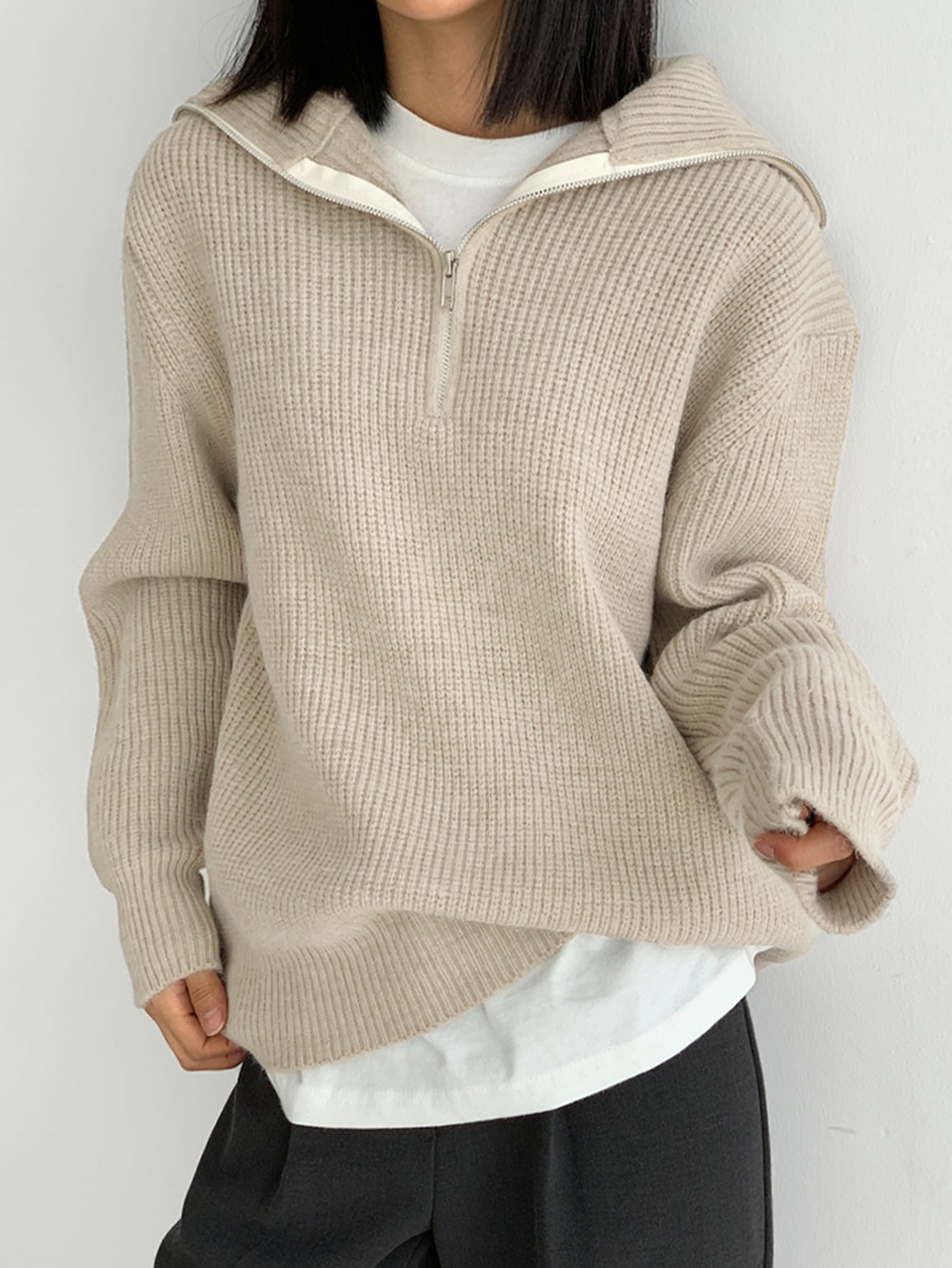1pc Quarter Zip Drop Shoulder Sweater
