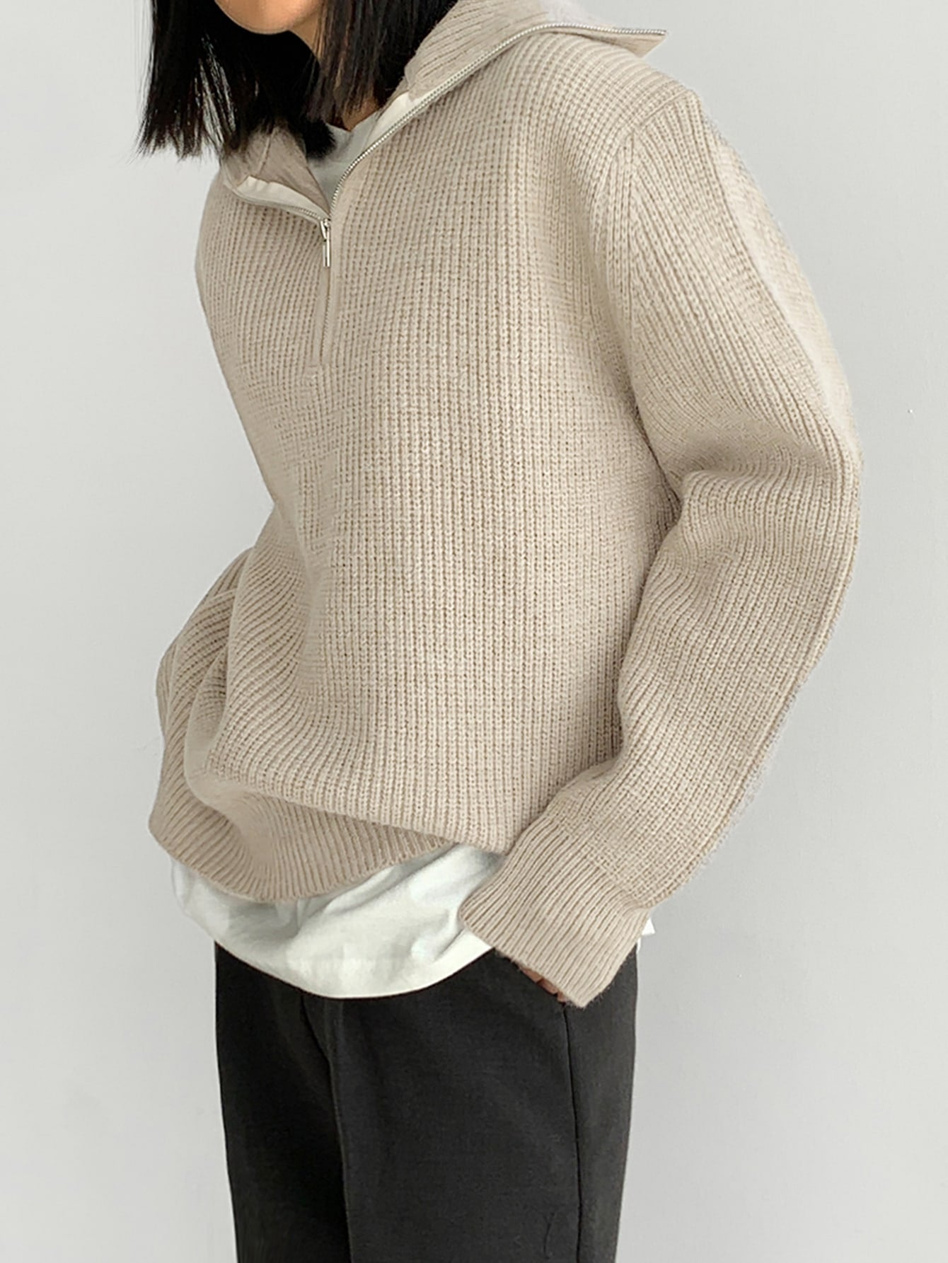 1pc Quarter Zip Drop Shoulder Sweater