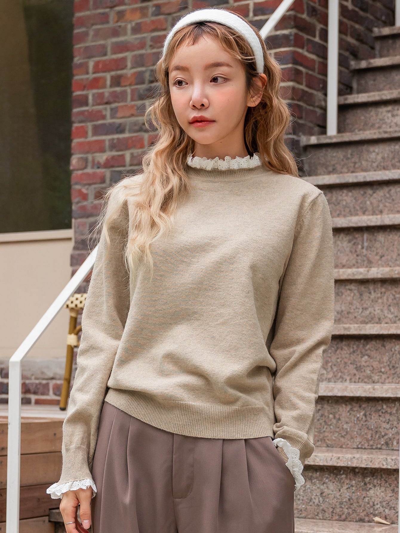 Eyelet Embroidery Frill Neck Sweater