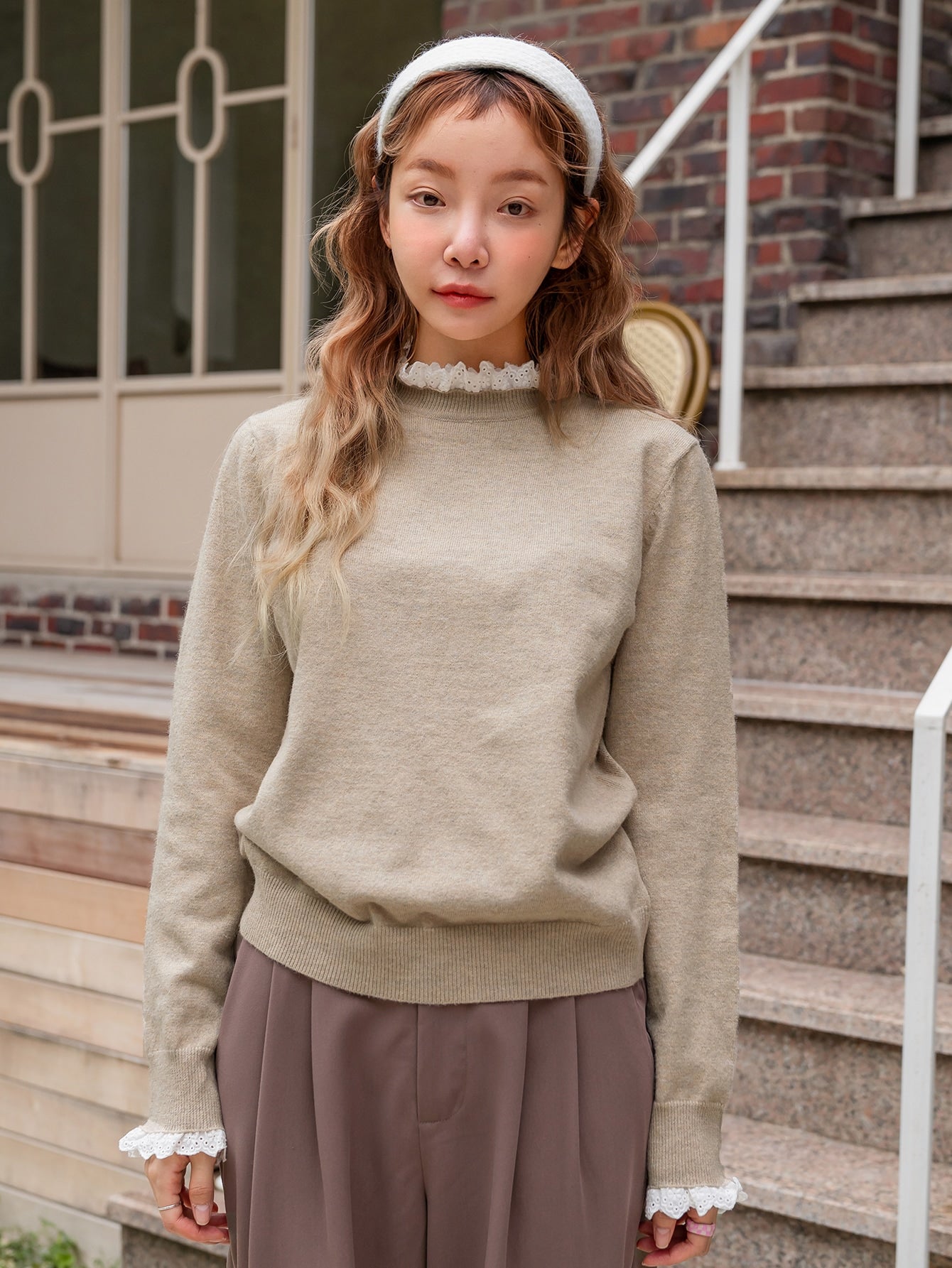 Eyelet Embroidery Frill Neck Sweater