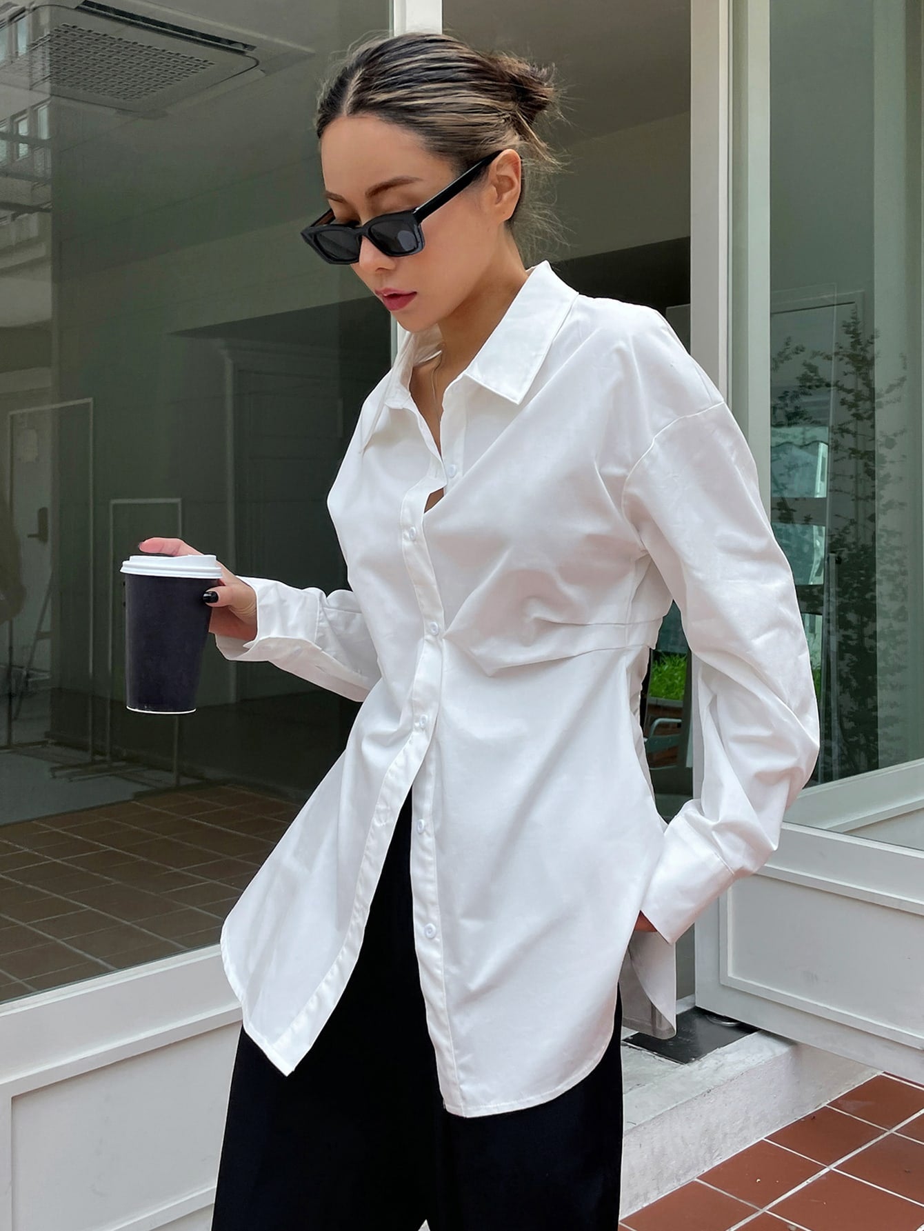 Solid Button Front Ruched Shirt