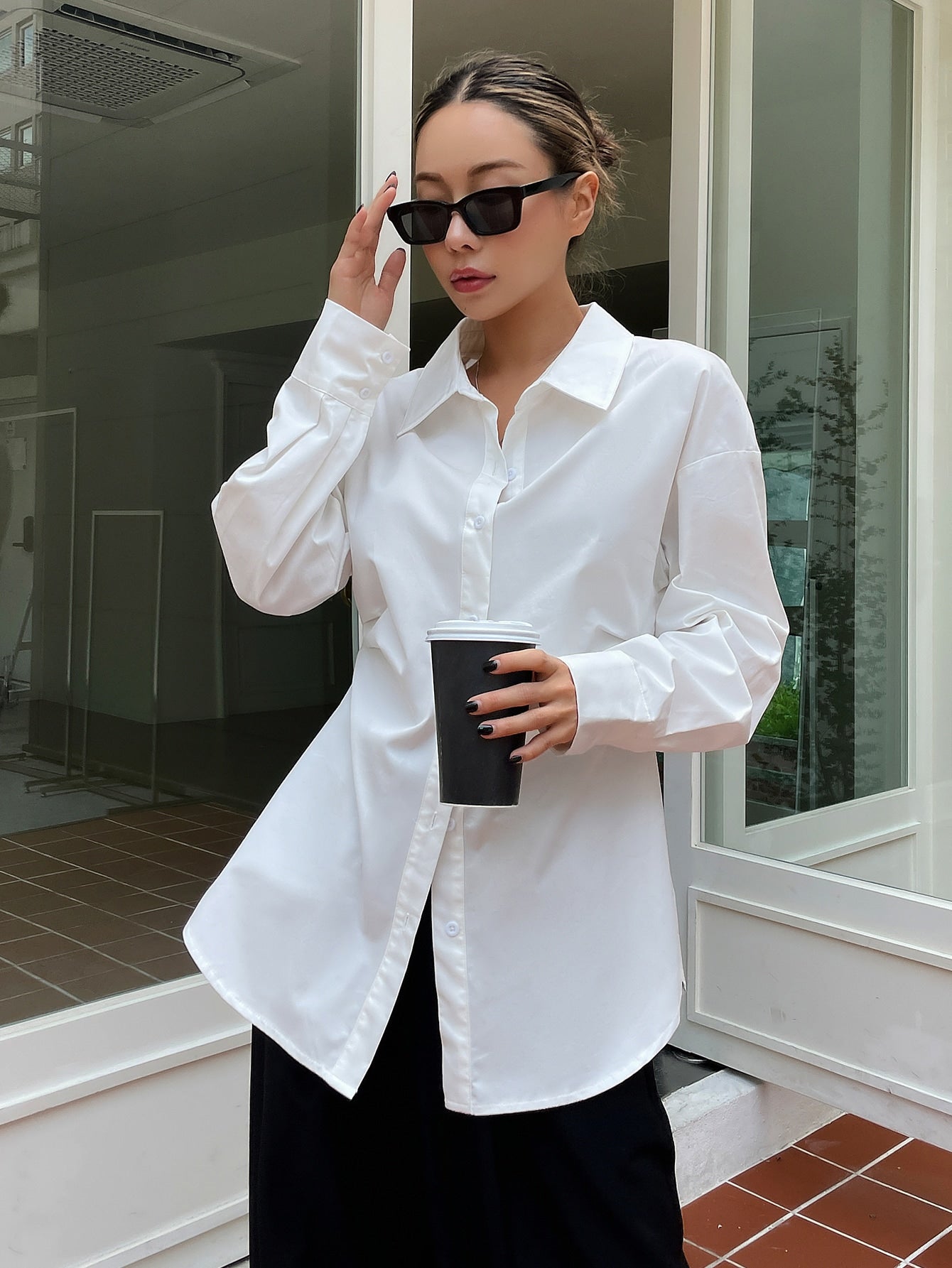 Solid Button Front Ruched Shirt