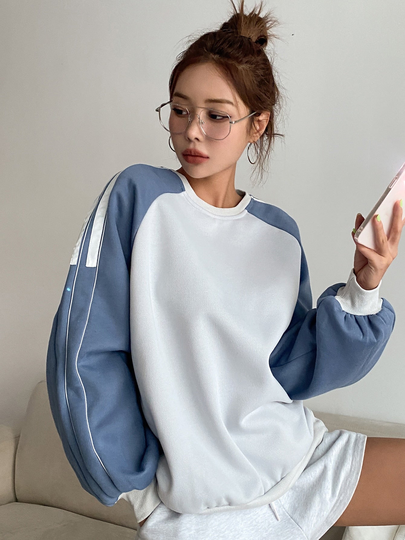 Colorblock Raglan Sleeve Contrast Tape Thermal Lined Pullover